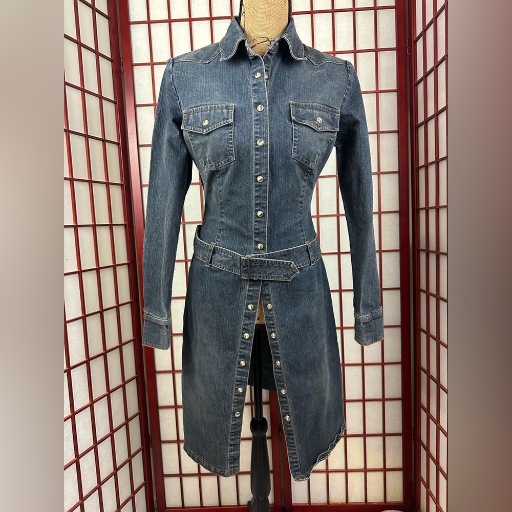 Vintage Y2K Stretch Denim Midi Length Trench Coat Dress Grunge Acubi